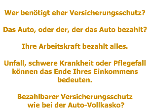  Wer benötigt eher Versicherungsschutz? Das Auto, oder der, der das Auto bezahlt? Ihre Arbeitskraft bezahlt alles. Unfall, schwere Krankheit oder Pflegefall können das Ende Ihres Einkommens bedeuten. Bezahlbarer Versicherungsschutz wie bei der Auto-Vollkasko?